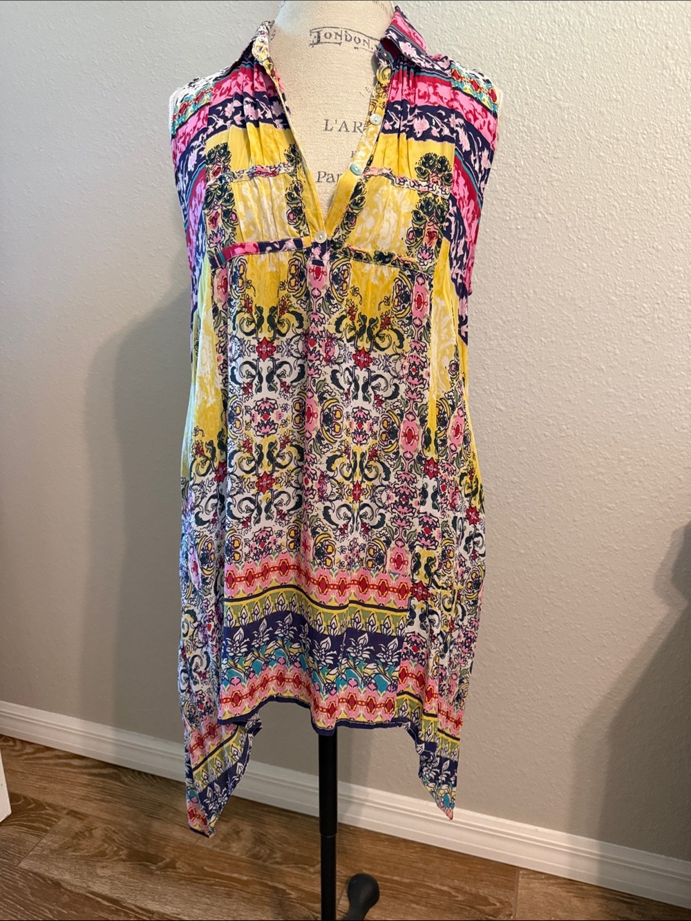 Sleeveless Printed Tunic OR Dress in Yellow & Pink & Navy